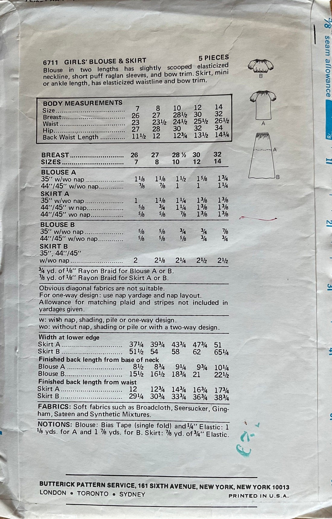Butterick 6711 Sewing Pattern (Vintage) CUT