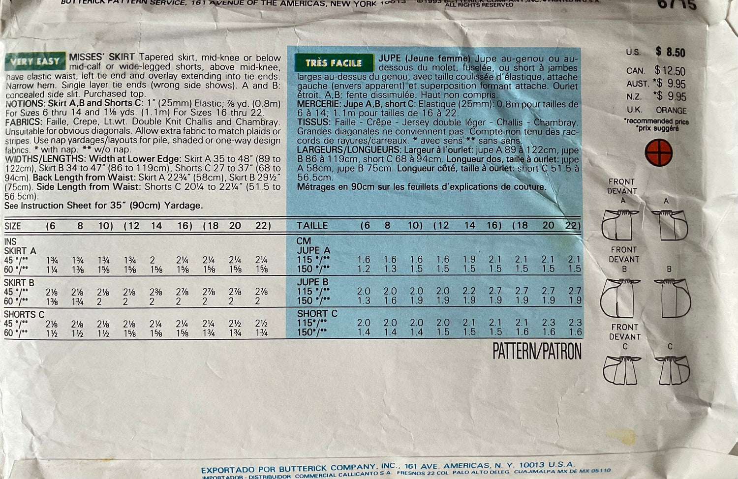 Butterick 6715 Sewing Pattern (Vintage) CUT
