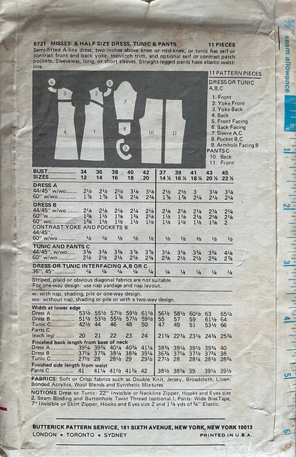 Butterick 6721 Sewing Pattern (Vintage) UNCUT