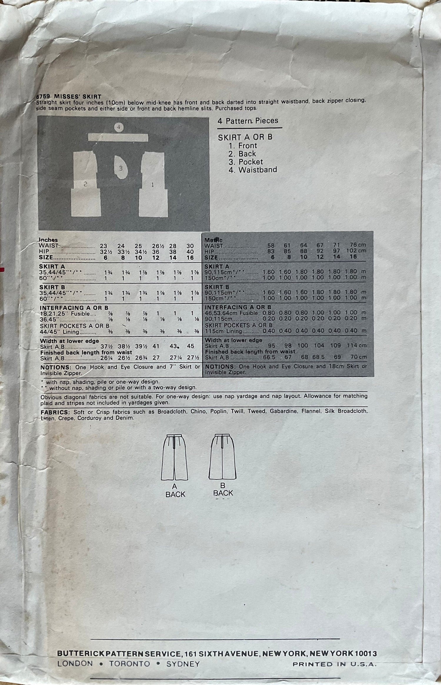 Butterick 6759 Sewing Pattern (Vintage) CUT