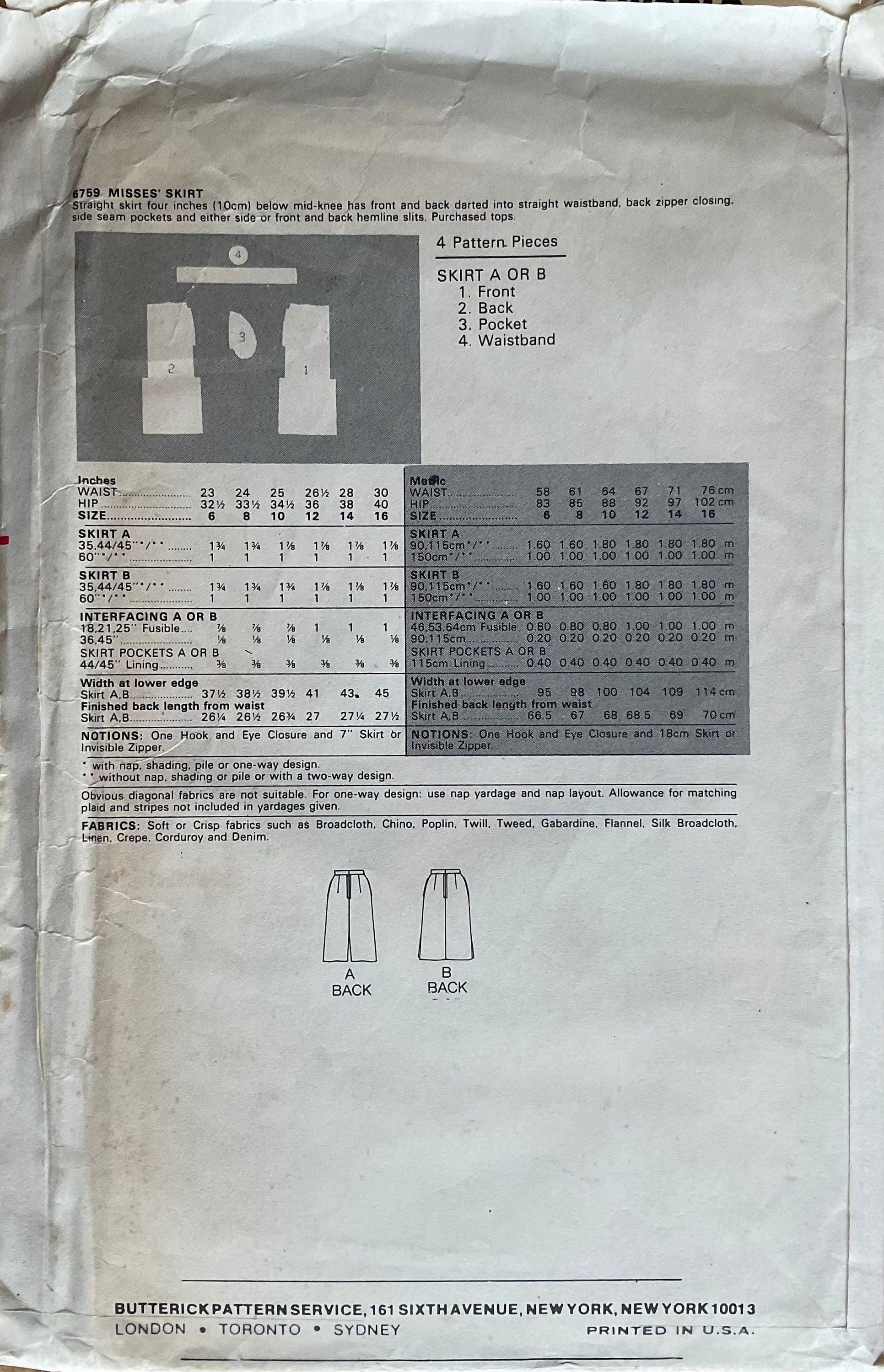 Butterick 6759 Sewing Pattern (Vintage) CUT