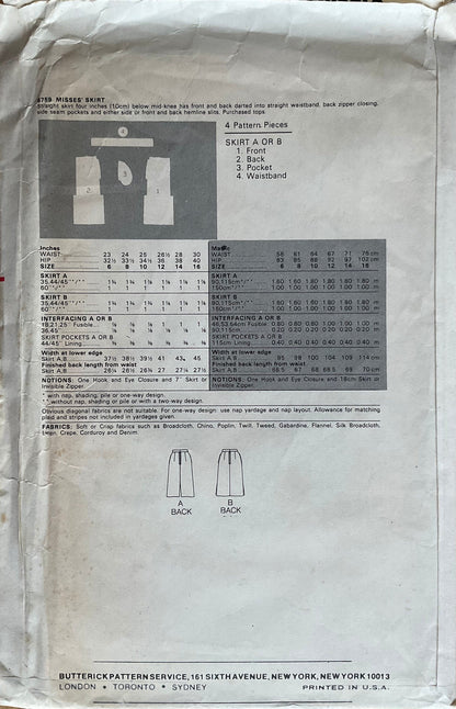 Butterick 6759 Sewing Pattern (Vintage) CUT