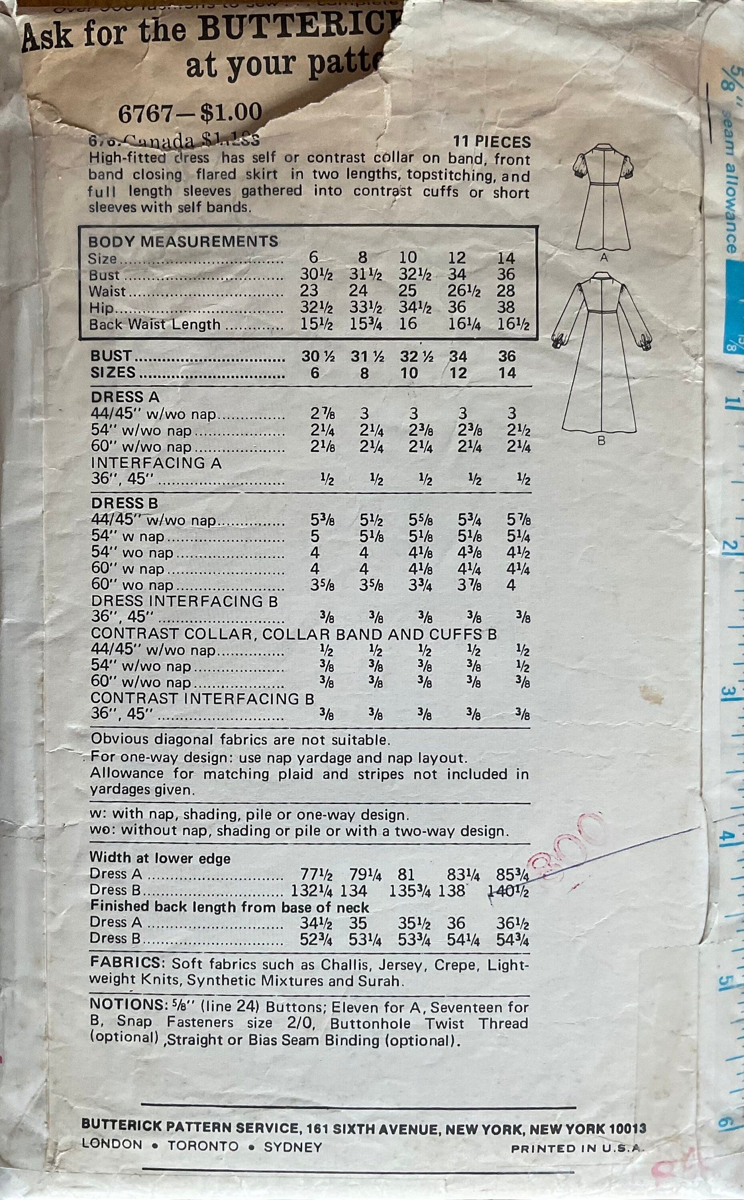 Butterick 6767 Sewing Pattern (Vintage) CUT