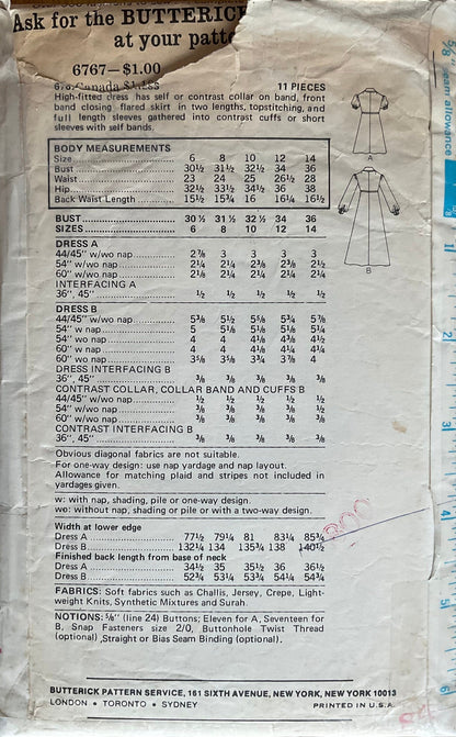 Butterick 6767 Sewing Pattern (Vintage) CUT