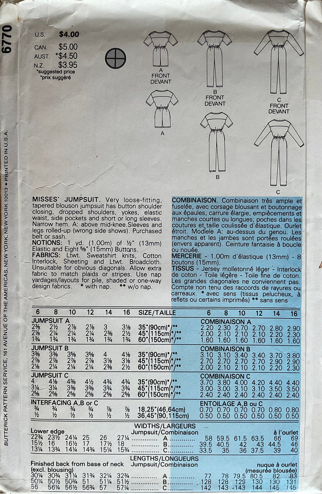 Butterick 6770 Sewing Pattern (Vintage) CUT