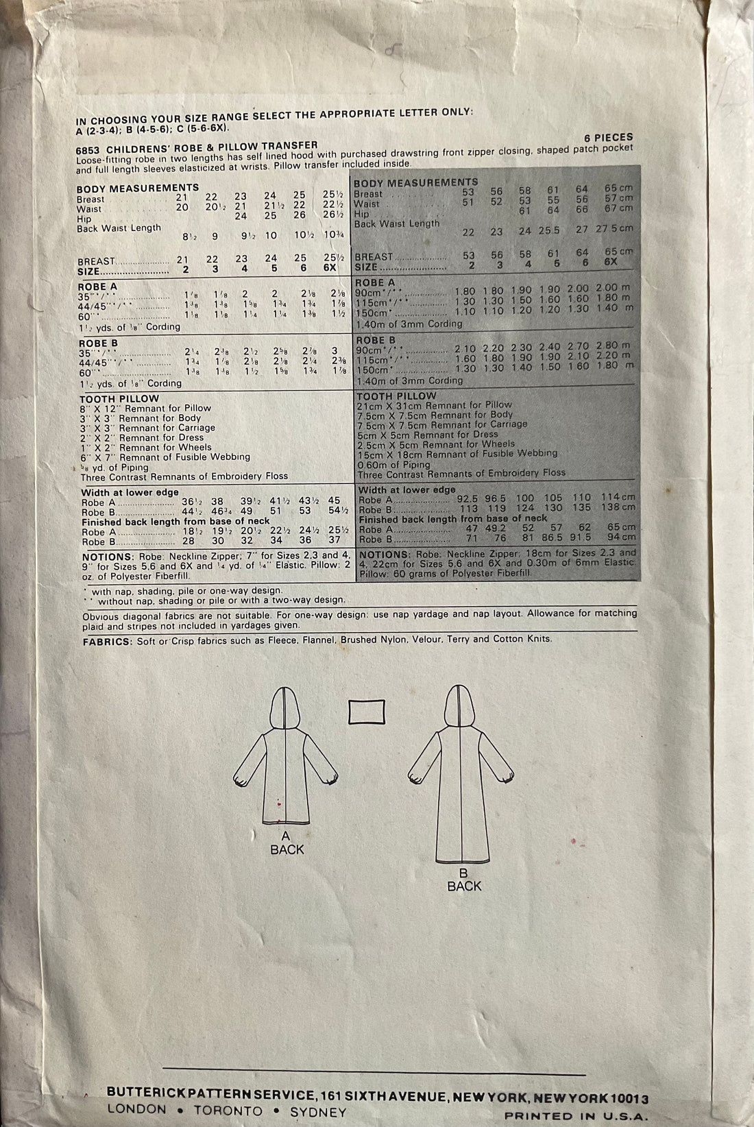 Butterick 6853 Sewing Pattern (Vintage) CUT