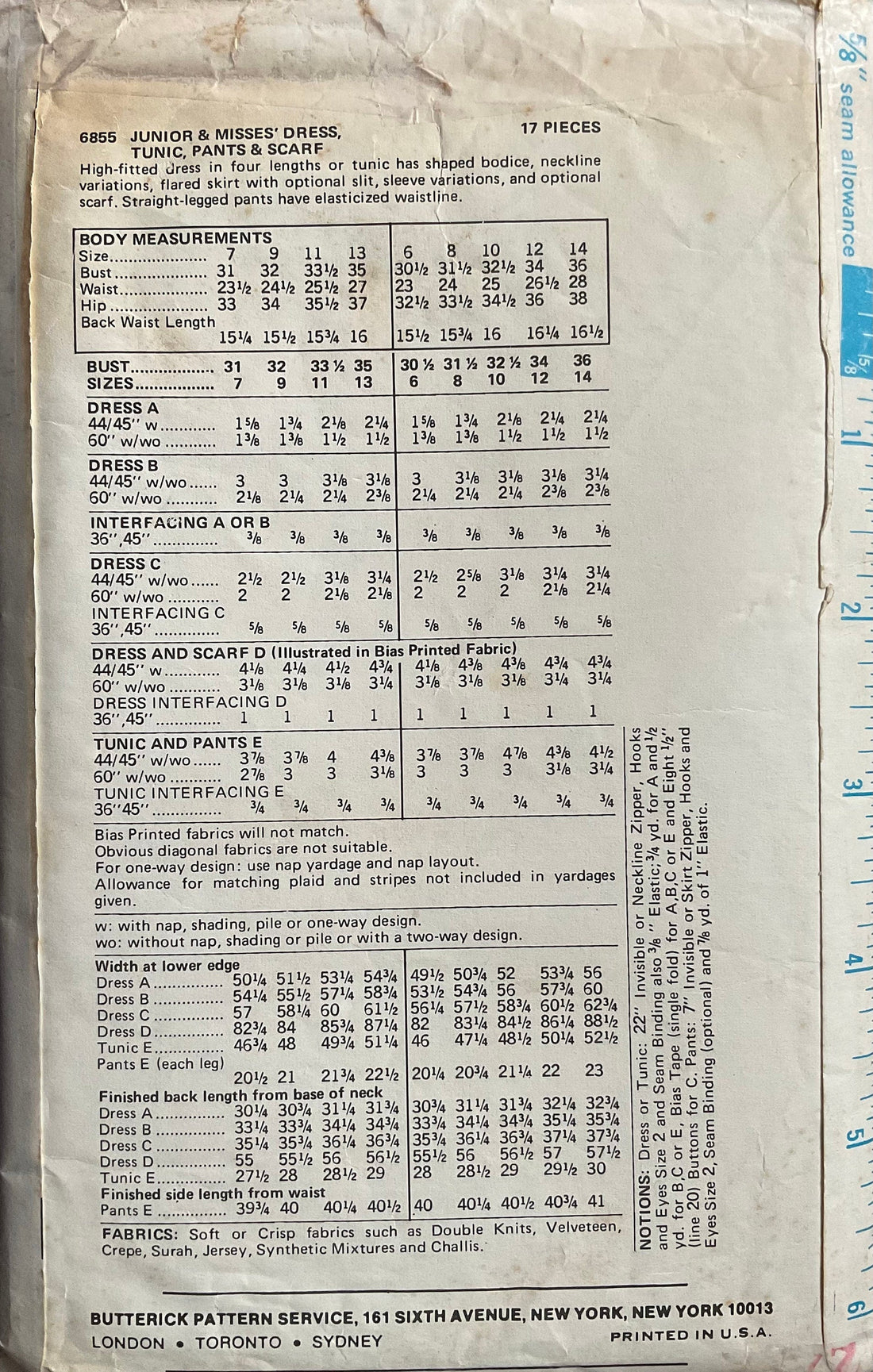 Butterick 6855 Sewing Pattern (Vintage) CUT