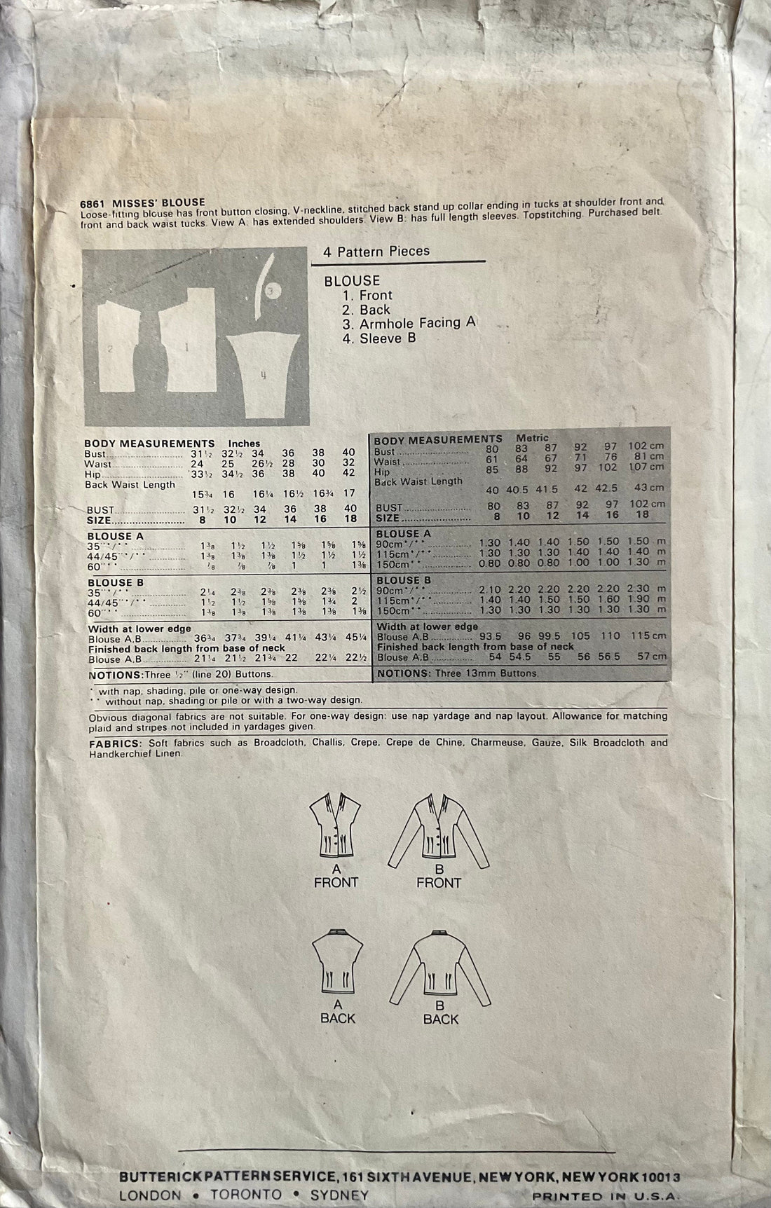 Butterick 6861 Sewing Pattern (Vintage) UNCUT