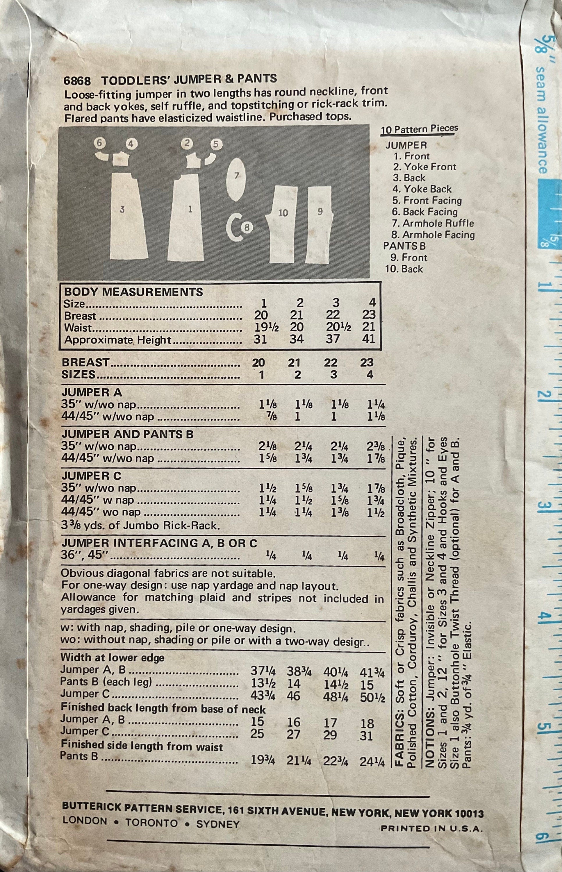 Butterick 6868 Sewing Pattern (Vintage) CUT