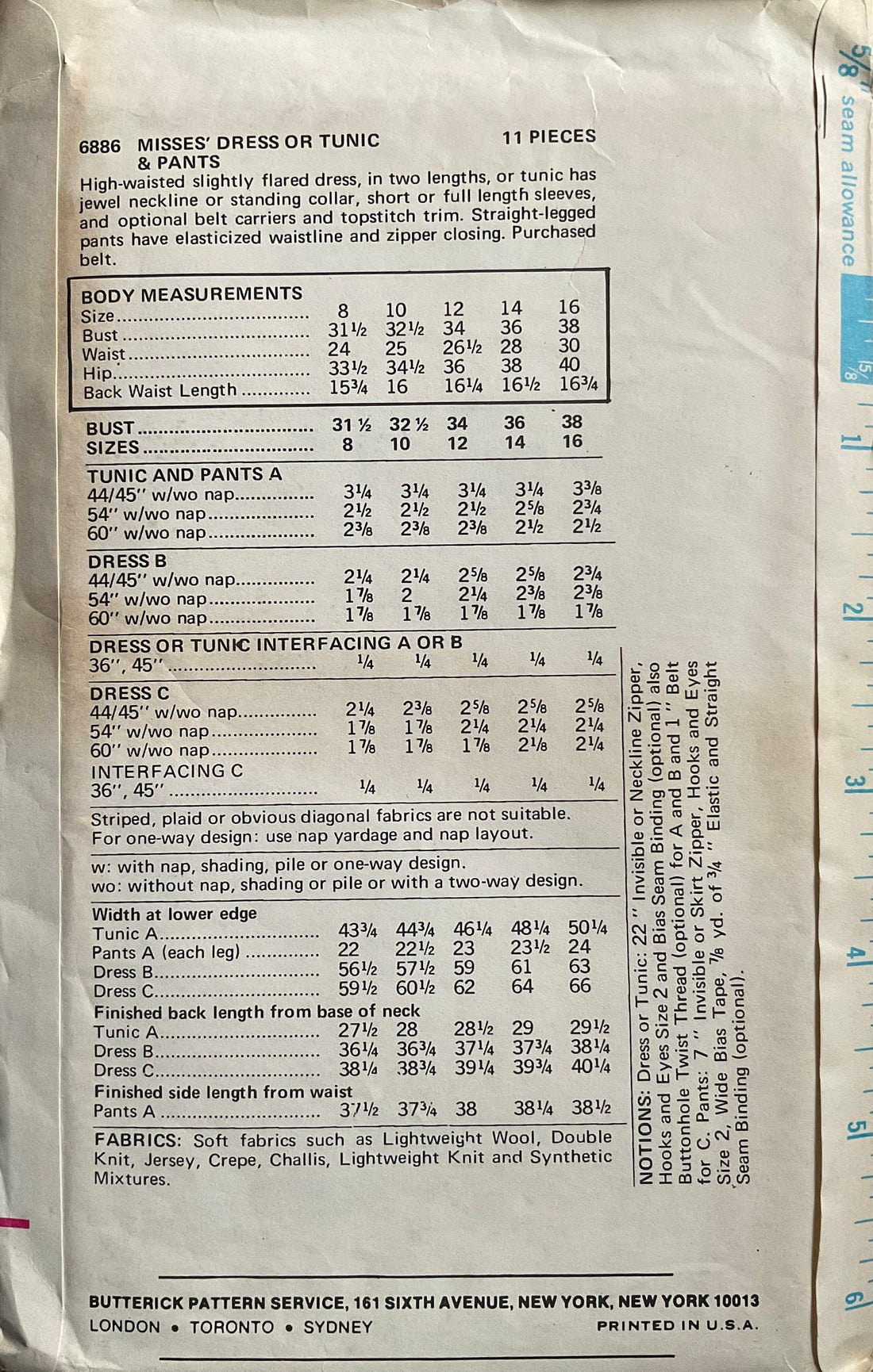 Butterick 6886 Sewing Pattern (Vintage) UNCUT