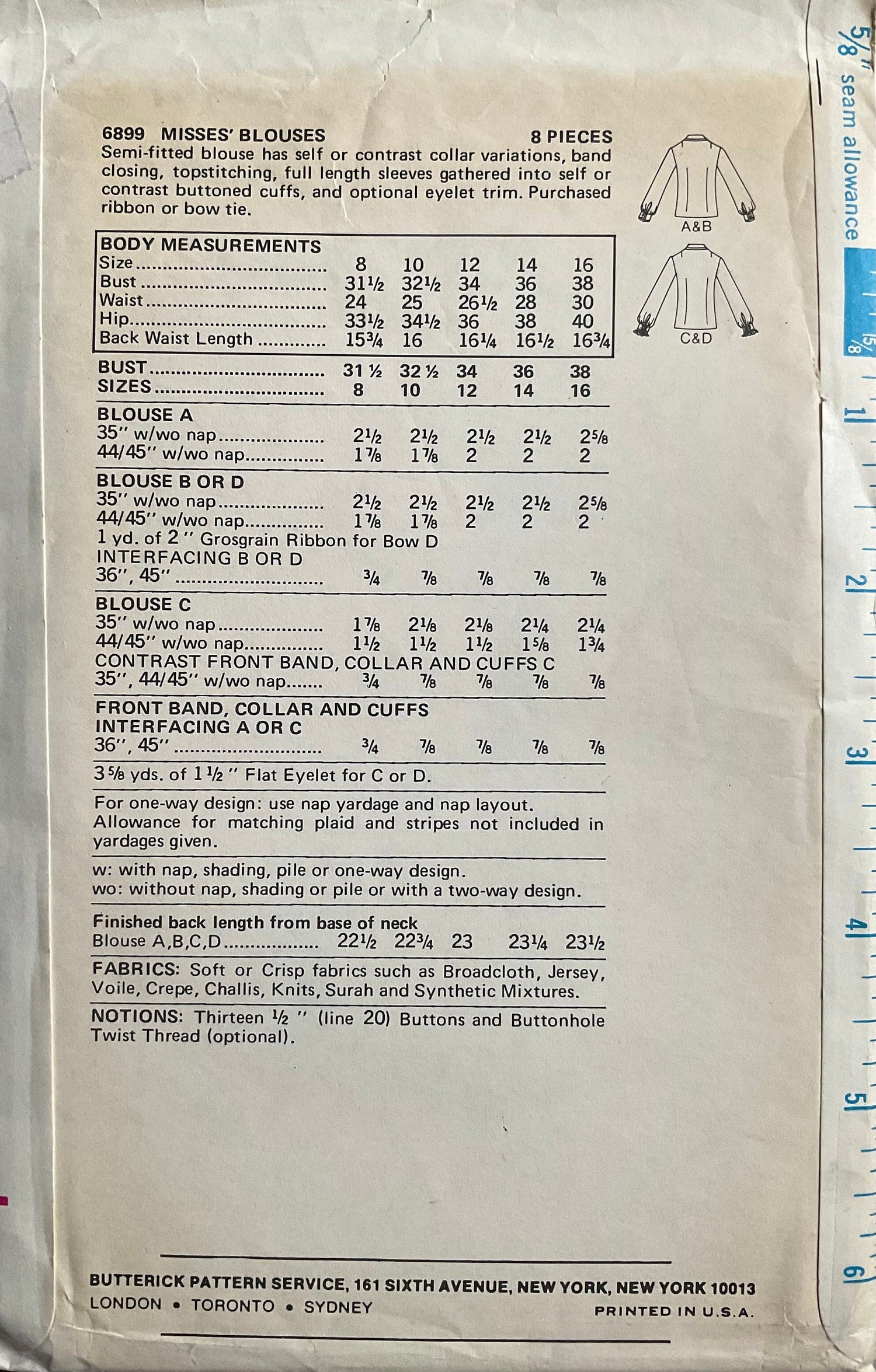 Butterick 6899 Sewing Pattern (Vintage) UNCUT