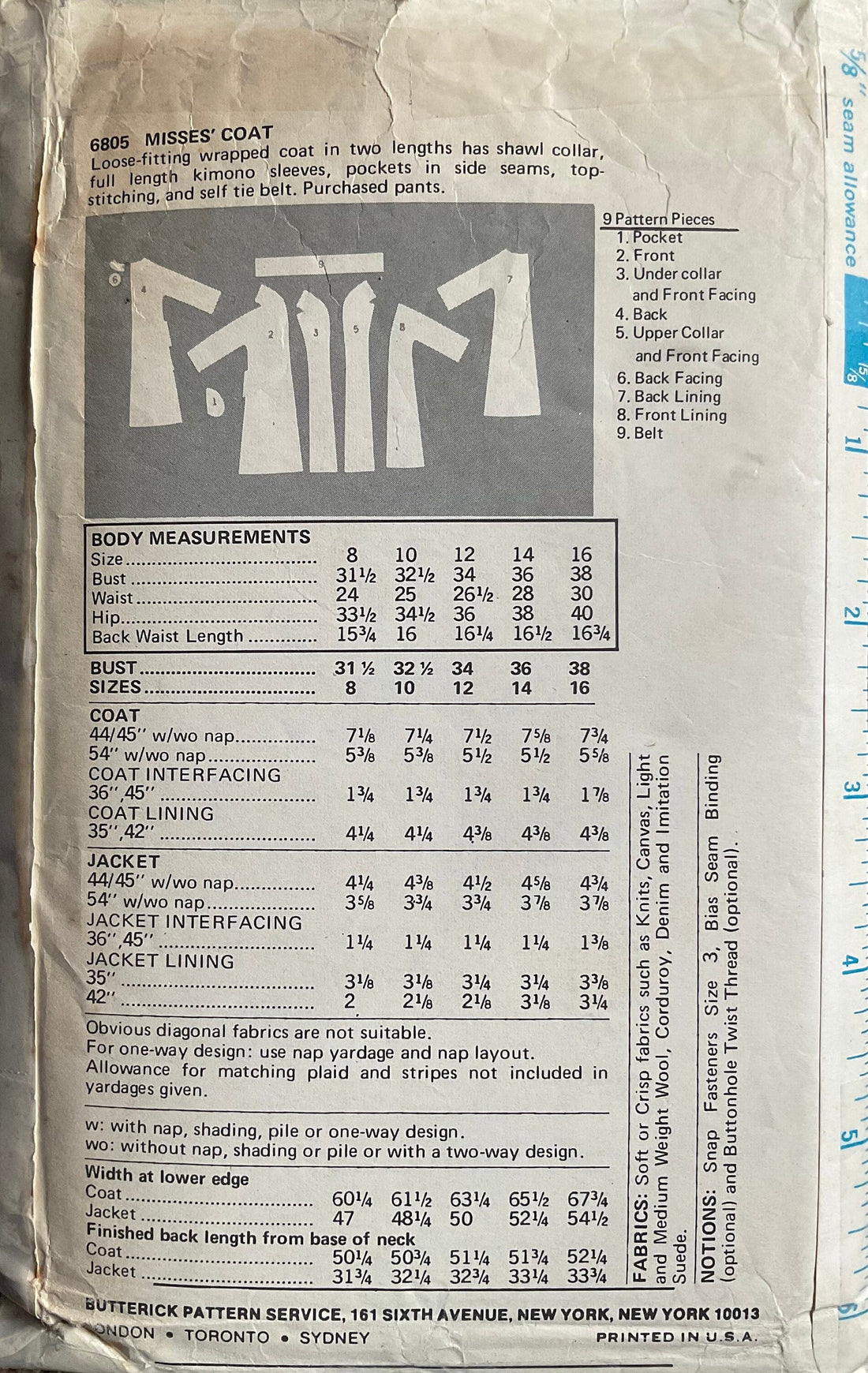 Butterick 6805 Sewing Pattern (Vintage) CUT