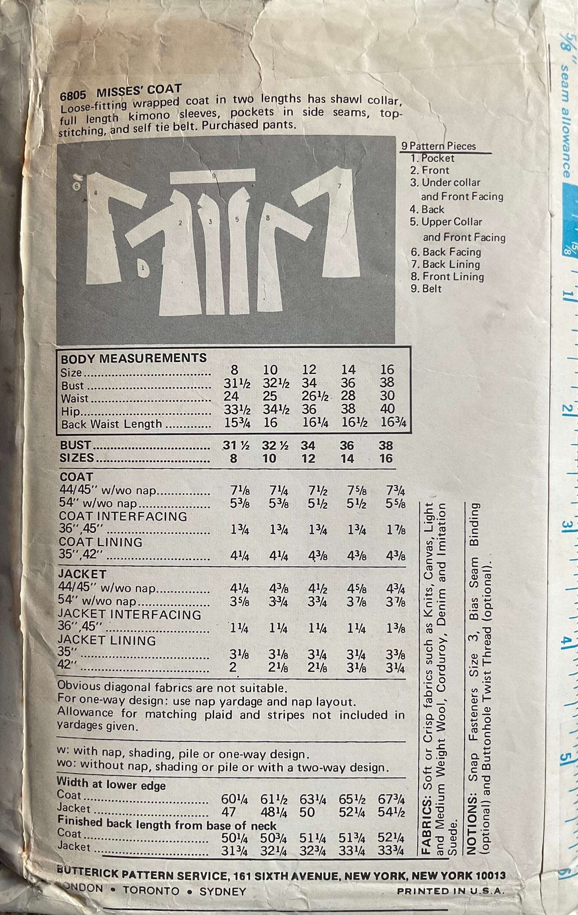 Butterick 6805 Sewing Pattern (Vintage) CUT