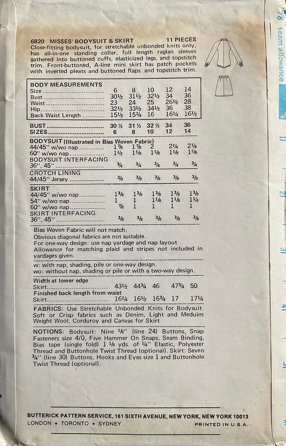 Butterick 6820 Sewing Pattern (Vintage) CUT