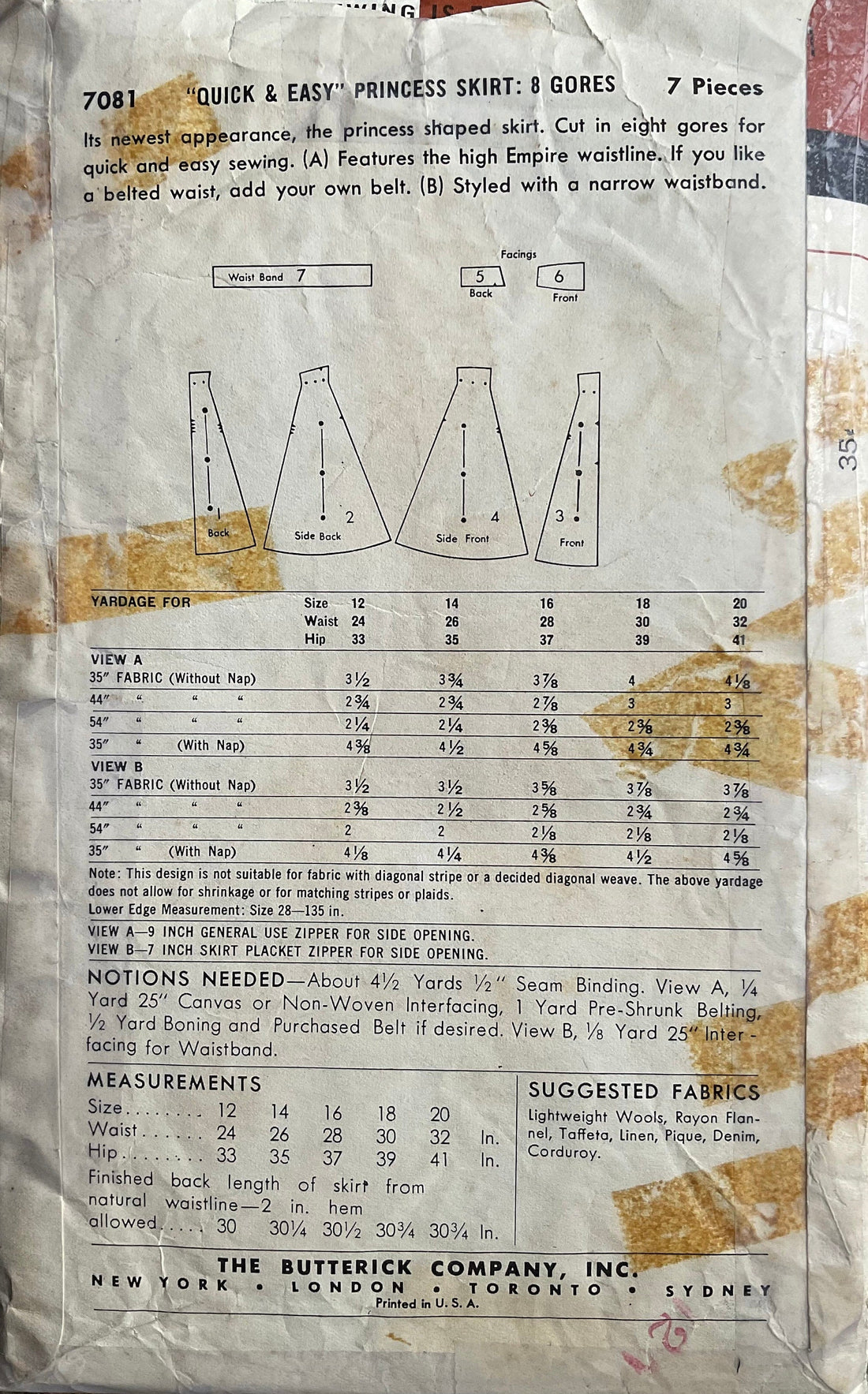 Butterick 7081 Sewing Pattern (Vintage) CUT