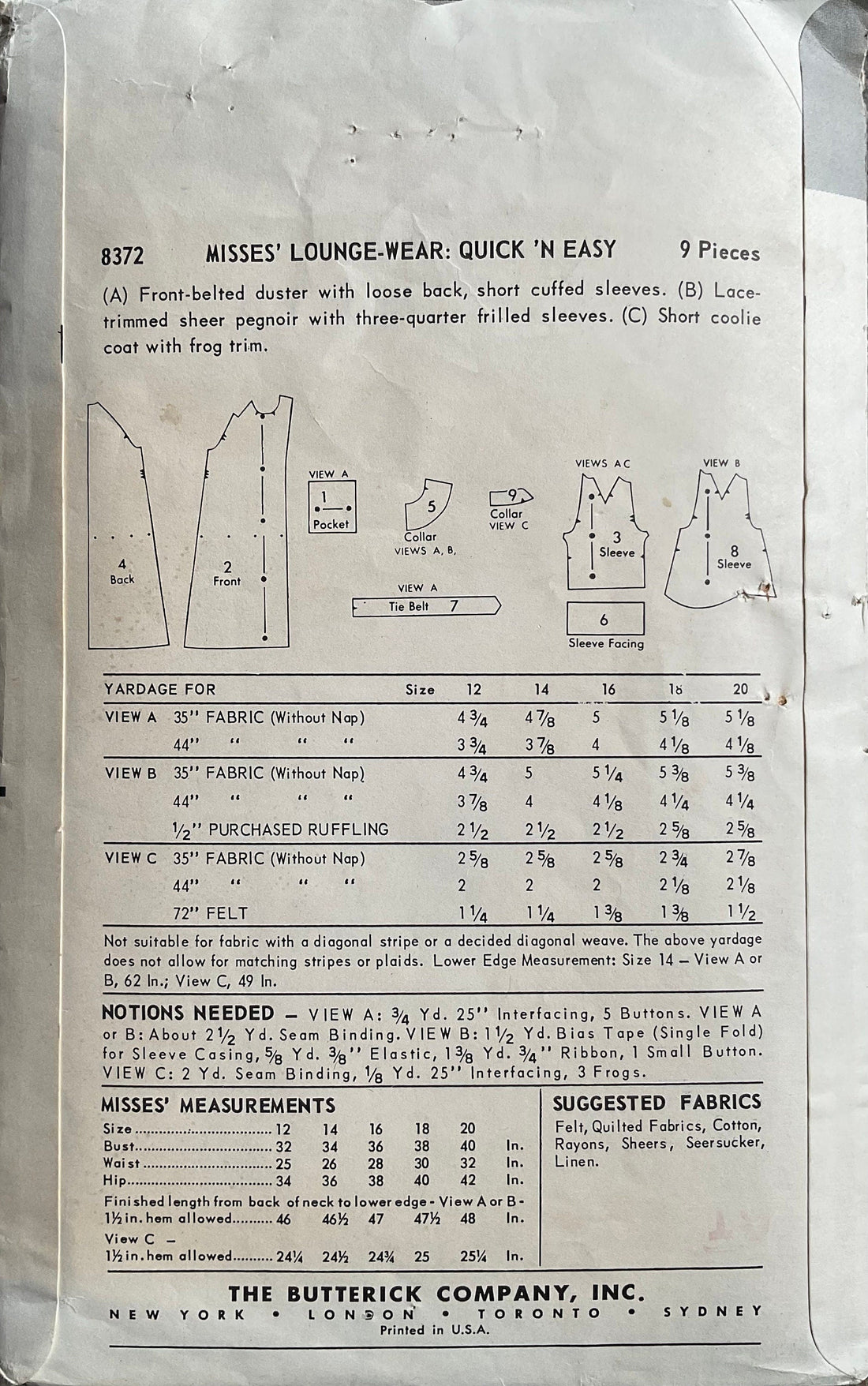 Butterick 8372 Sewing Pattern (Vintage) CUT