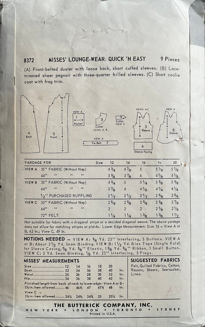 Butterick 8372 Sewing Pattern (Vintage) CUT