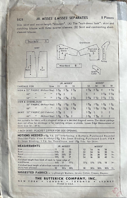 Butterick 8424 Sewing Pattern (Vintage) CUT