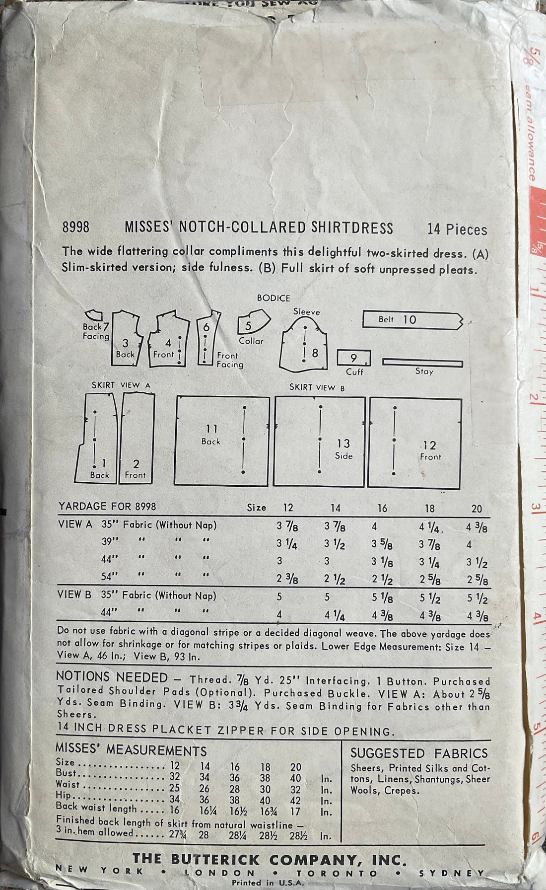 Butterick 8998 Sewing Pattern (Vintage) CUT