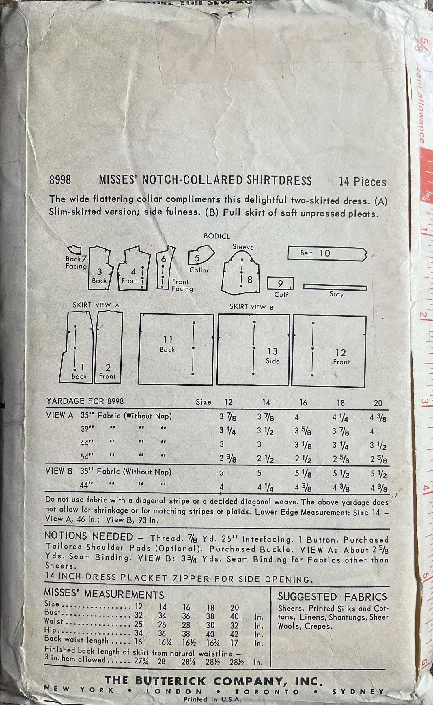 Butterick 8998 Sewing Pattern (Vintage) CUT