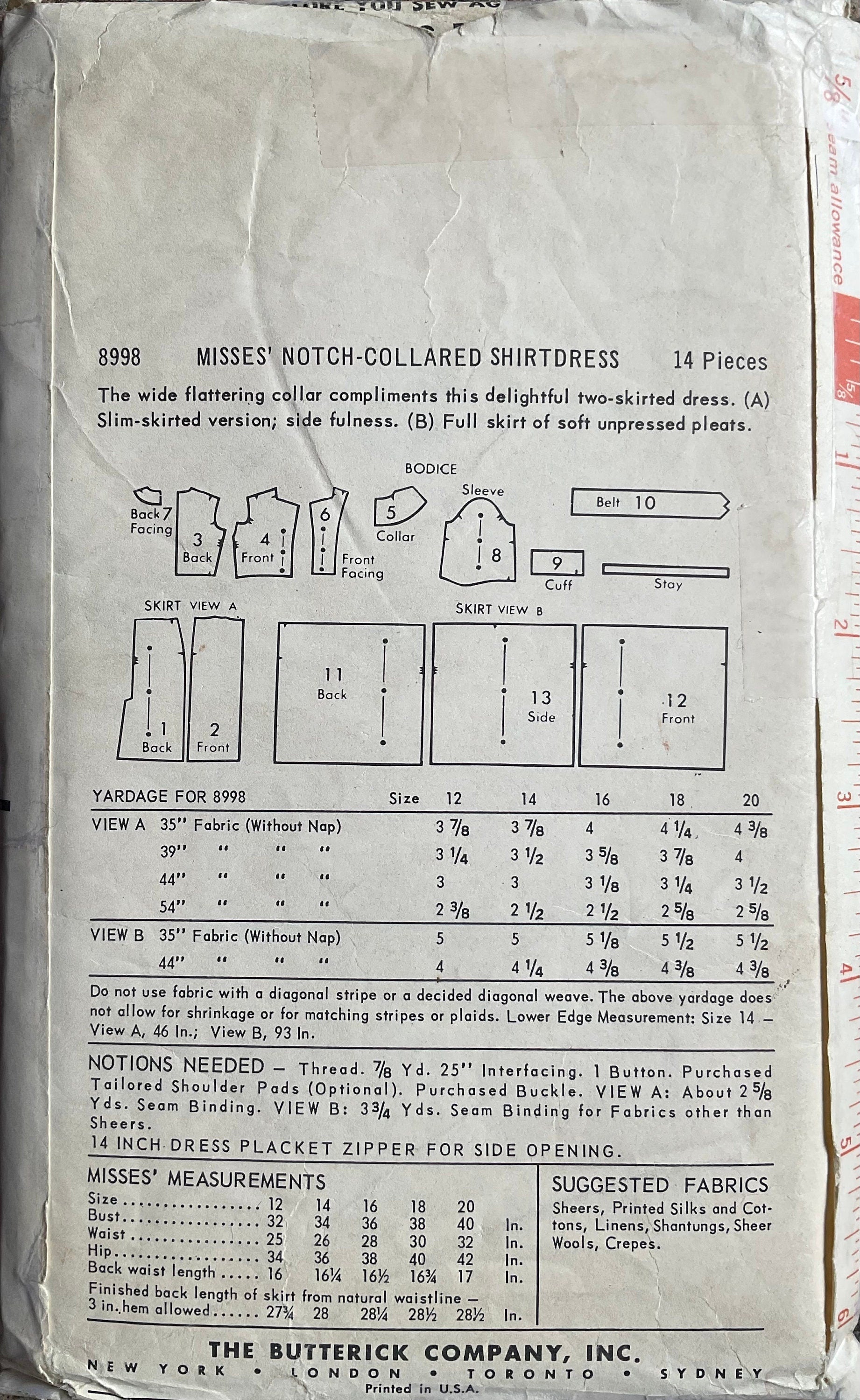 Butterick 8998 Sewing Pattern (Vintage) CUT