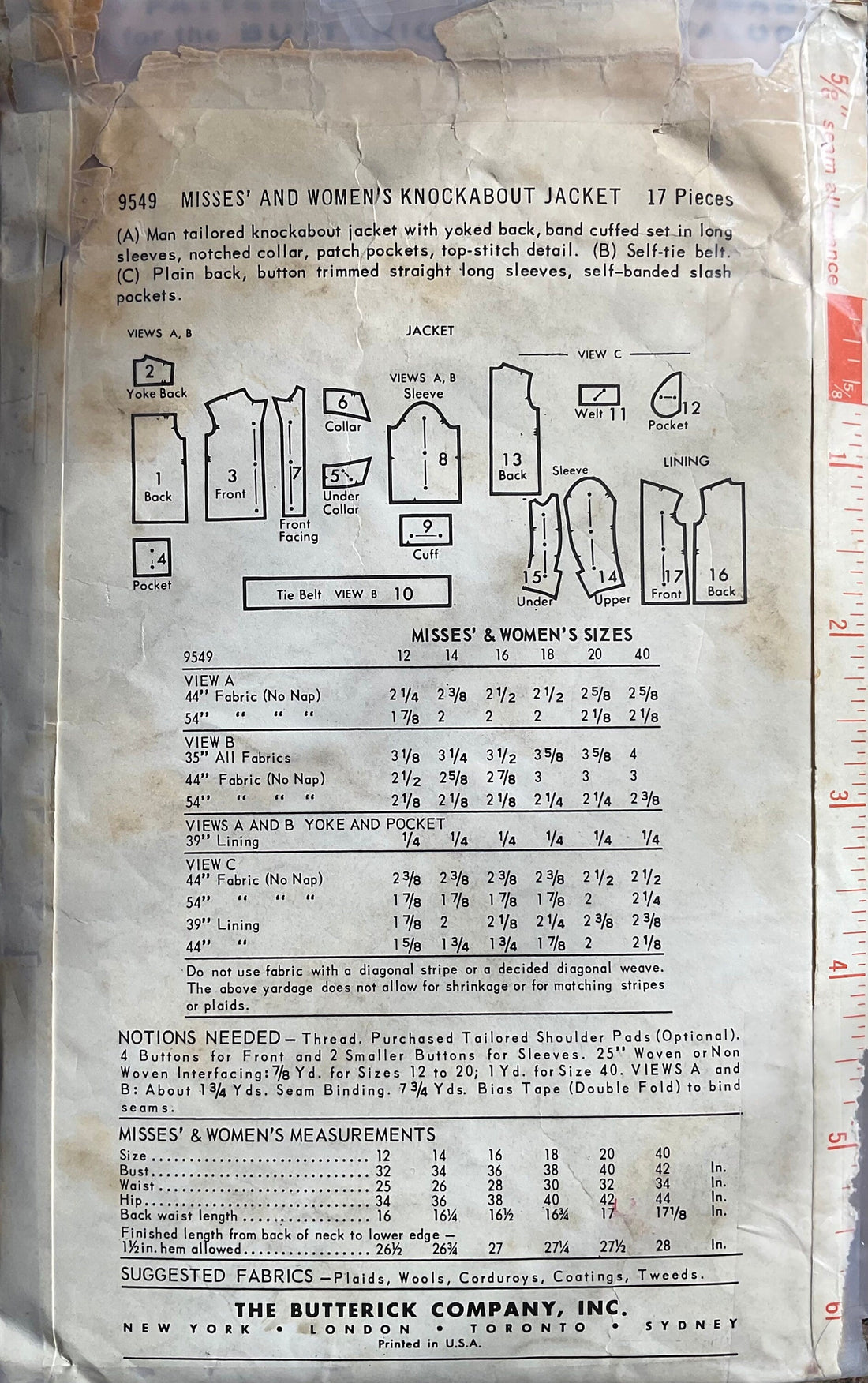 Butterick 9549 Sewing Pattern (Vintage) CUT