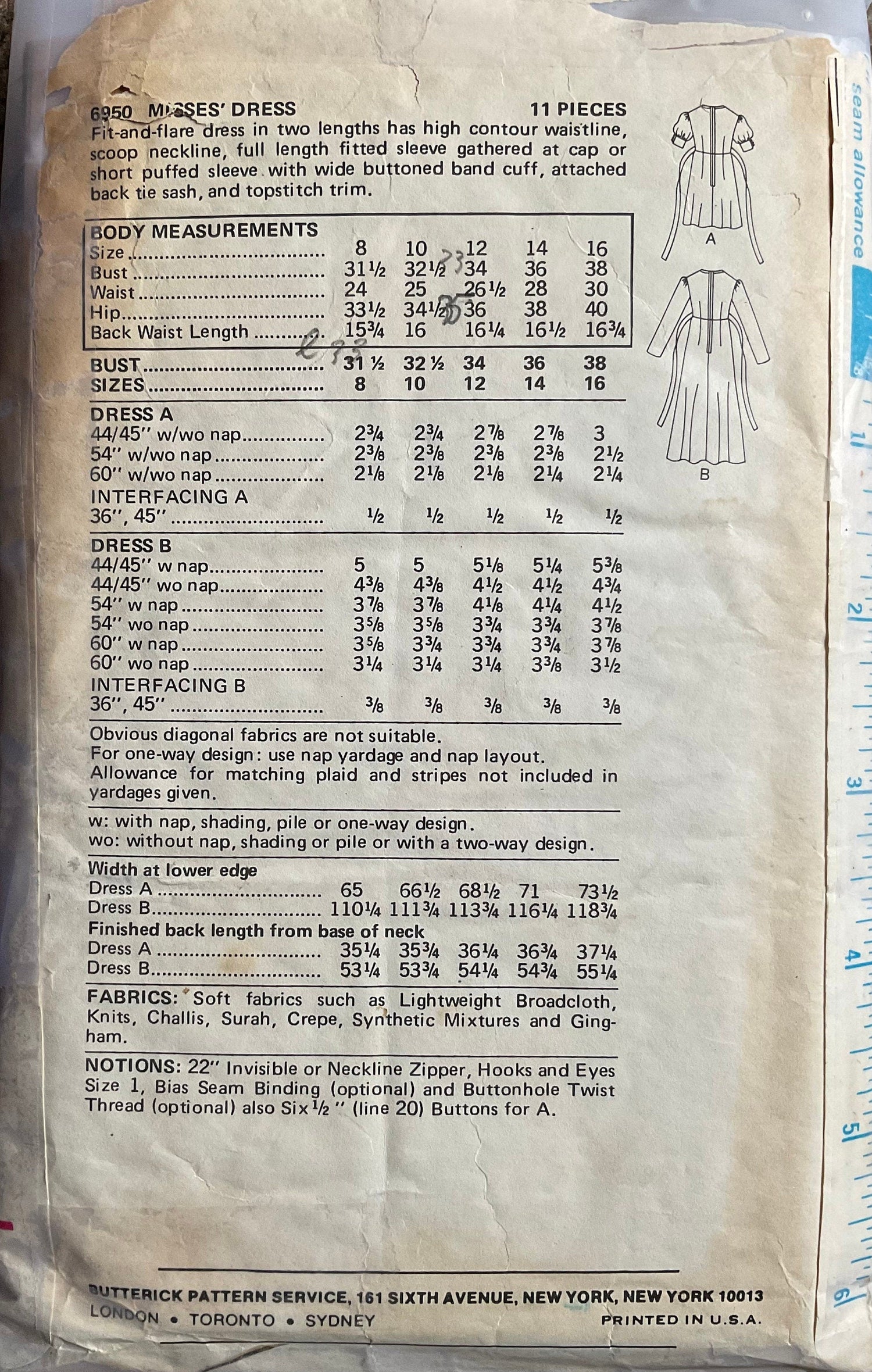 Butterick 6950 Sewing Pattern (Vintage) CUT