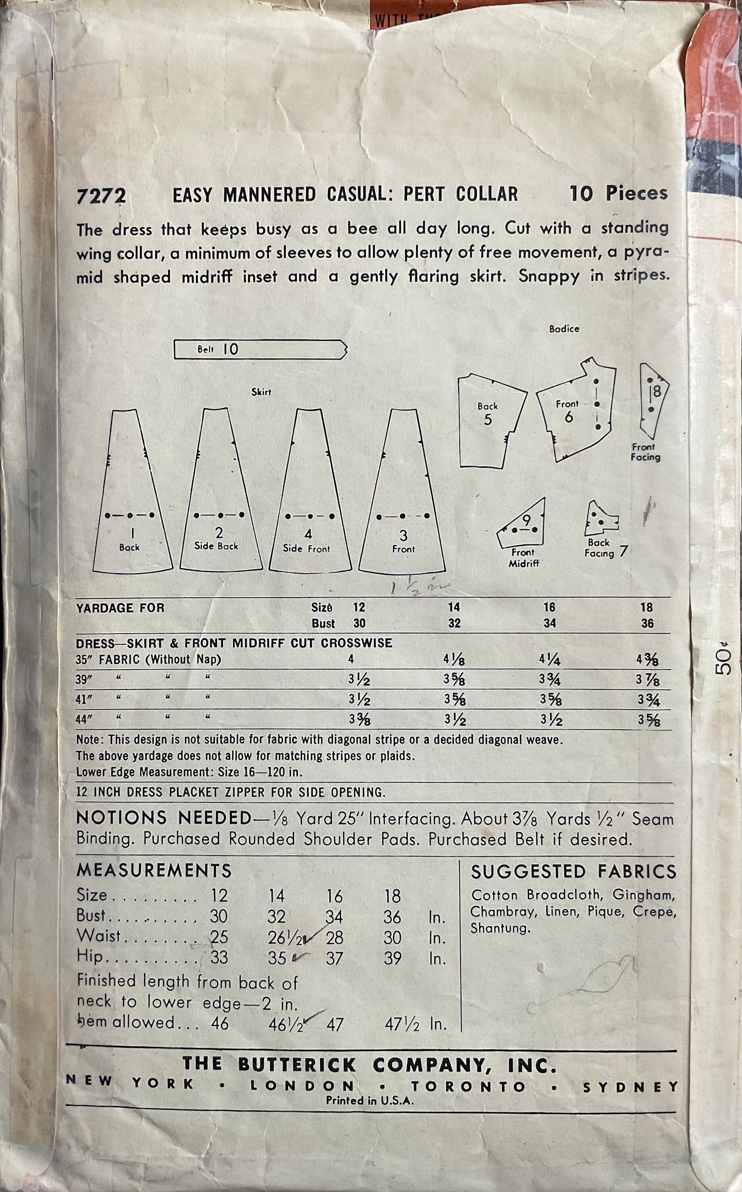 Butterick 7272 Sewing Pattern (Vintage) CUT