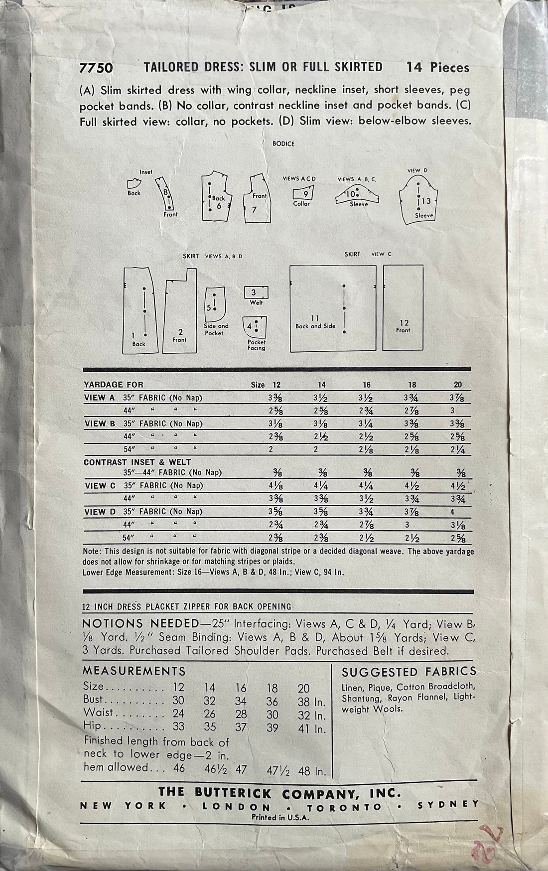 Butterick 7750 Sewing Pattern (Vintage) UNCUT