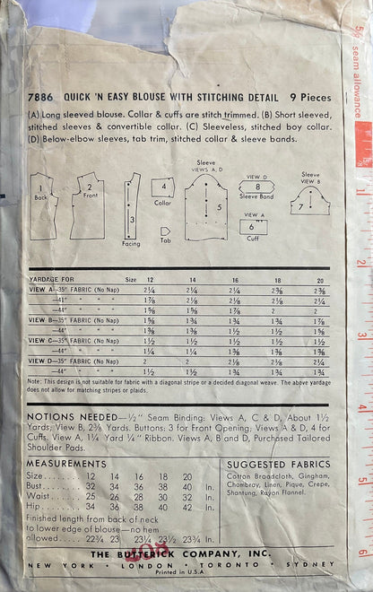 Butterick 7886 Sewing Pattern (Vintage) CUT