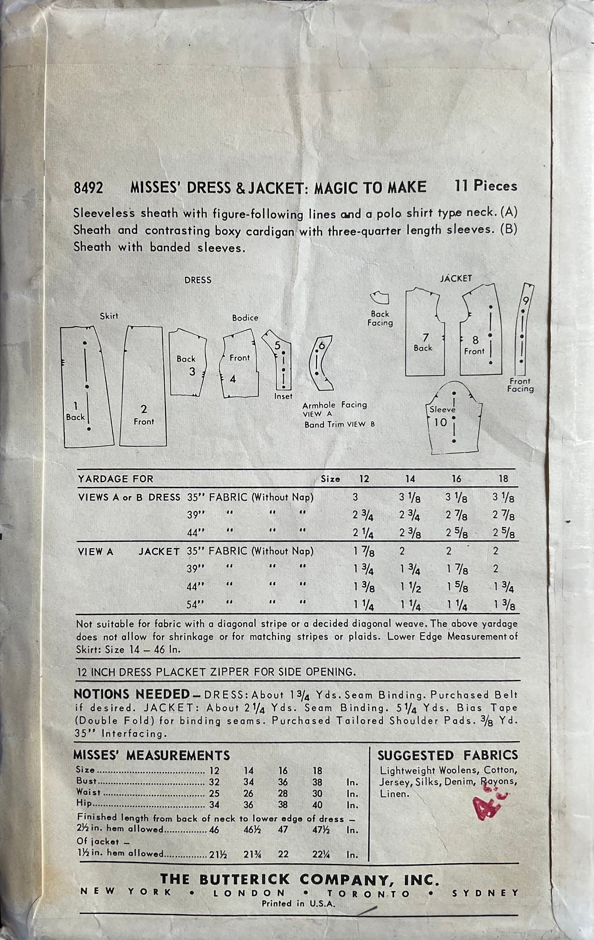 Butterick 8492 Sewing Pattern (Vintage) UNCUT