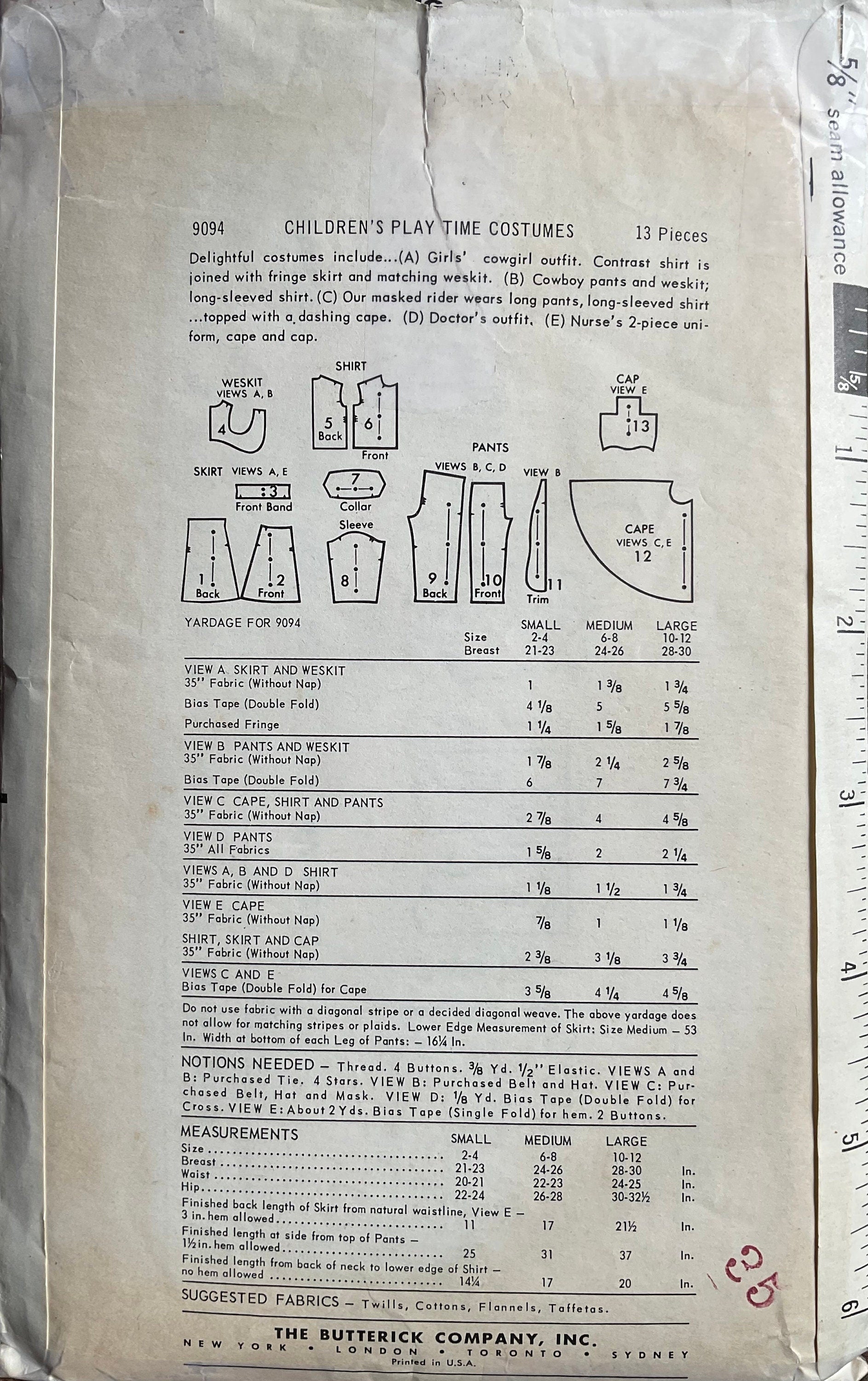 Butterick 9094 Sewing Pattern (Vintage) CUT