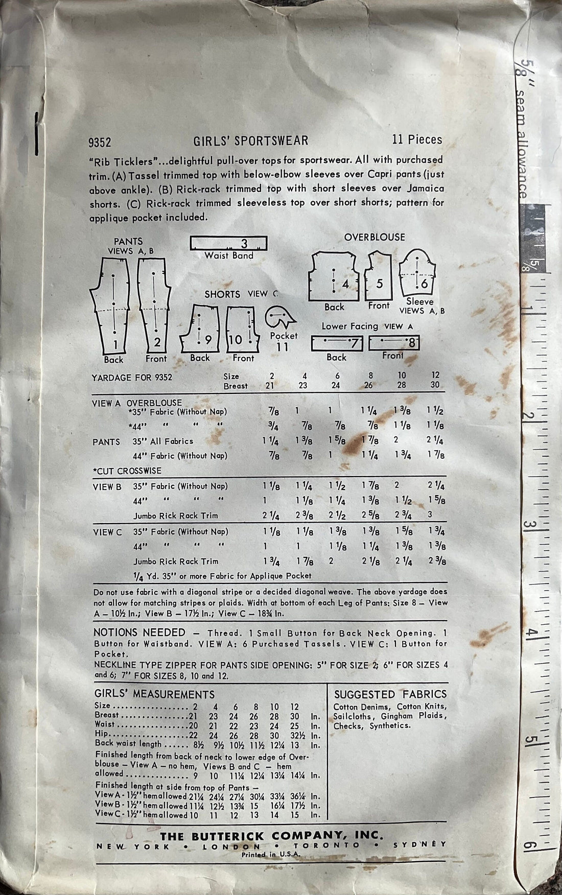 Butterick 9352 Sewing Pattern (Vintage) UNCUT
