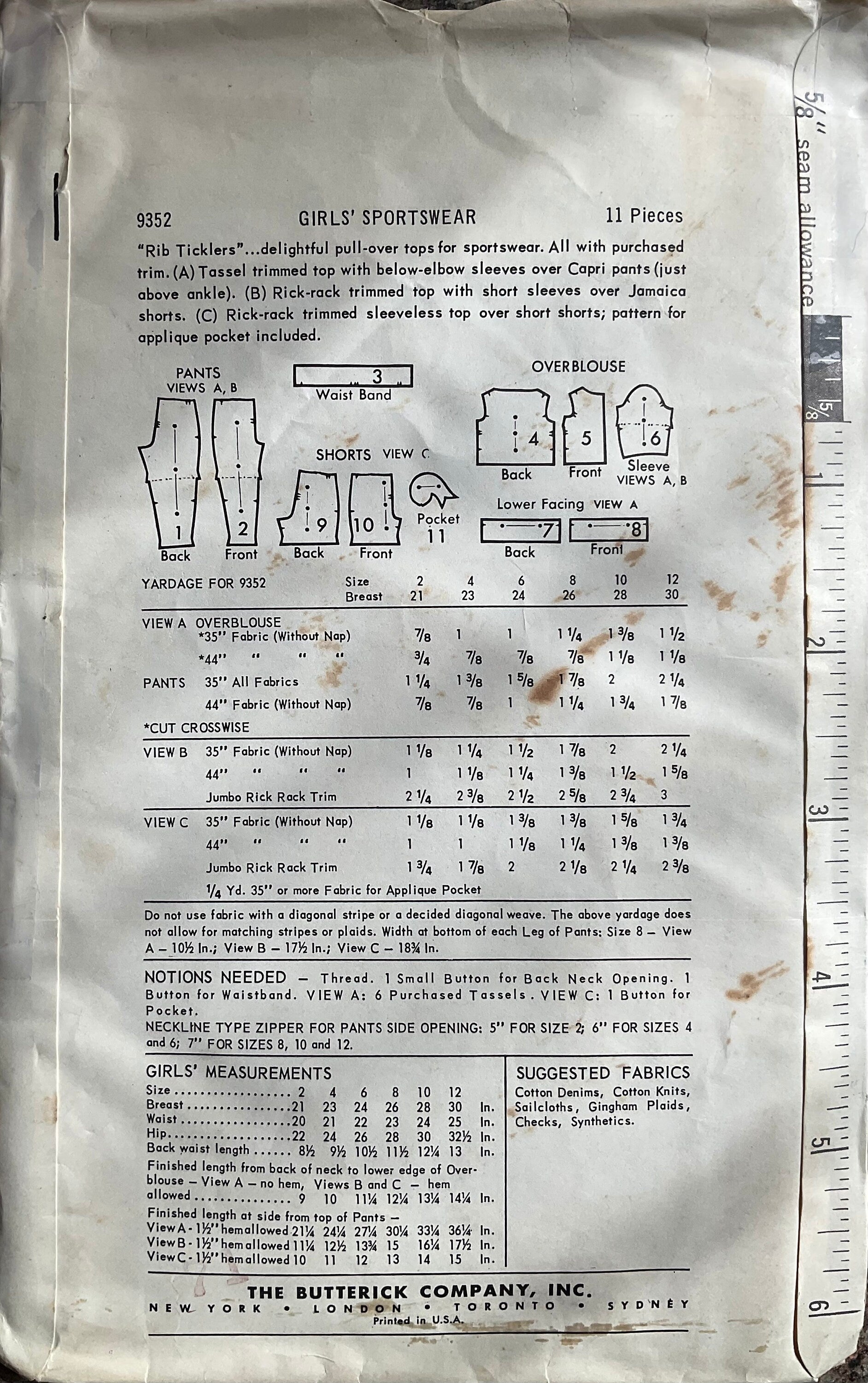 Butterick 9352 Sewing Pattern (Vintage) UNCUT