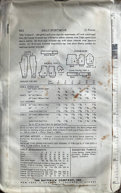 Butterick 9352 Sewing Pattern (Vintage) UNCUT