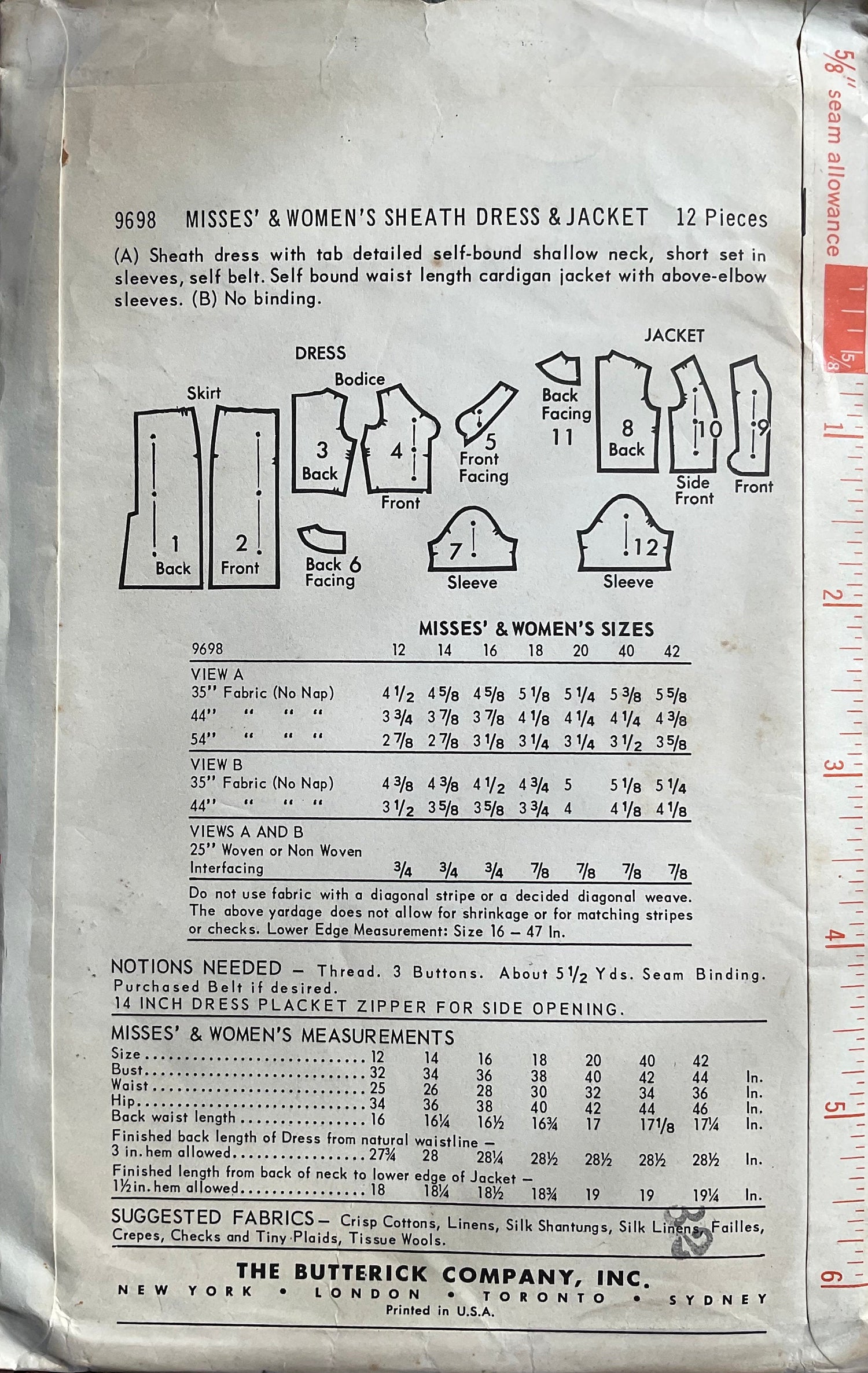 Butterick 9698 Sewing Pattern (Vintage) UNCUT