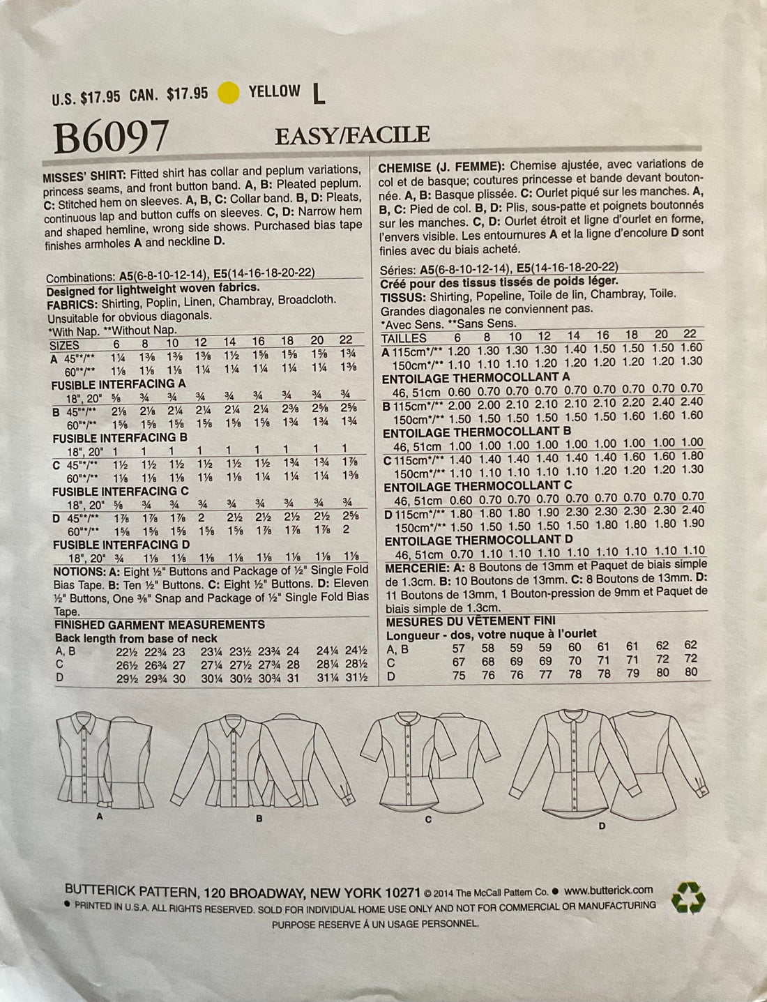 Butterick 6097 Sewing Pattern (Vintage) UNCUT
