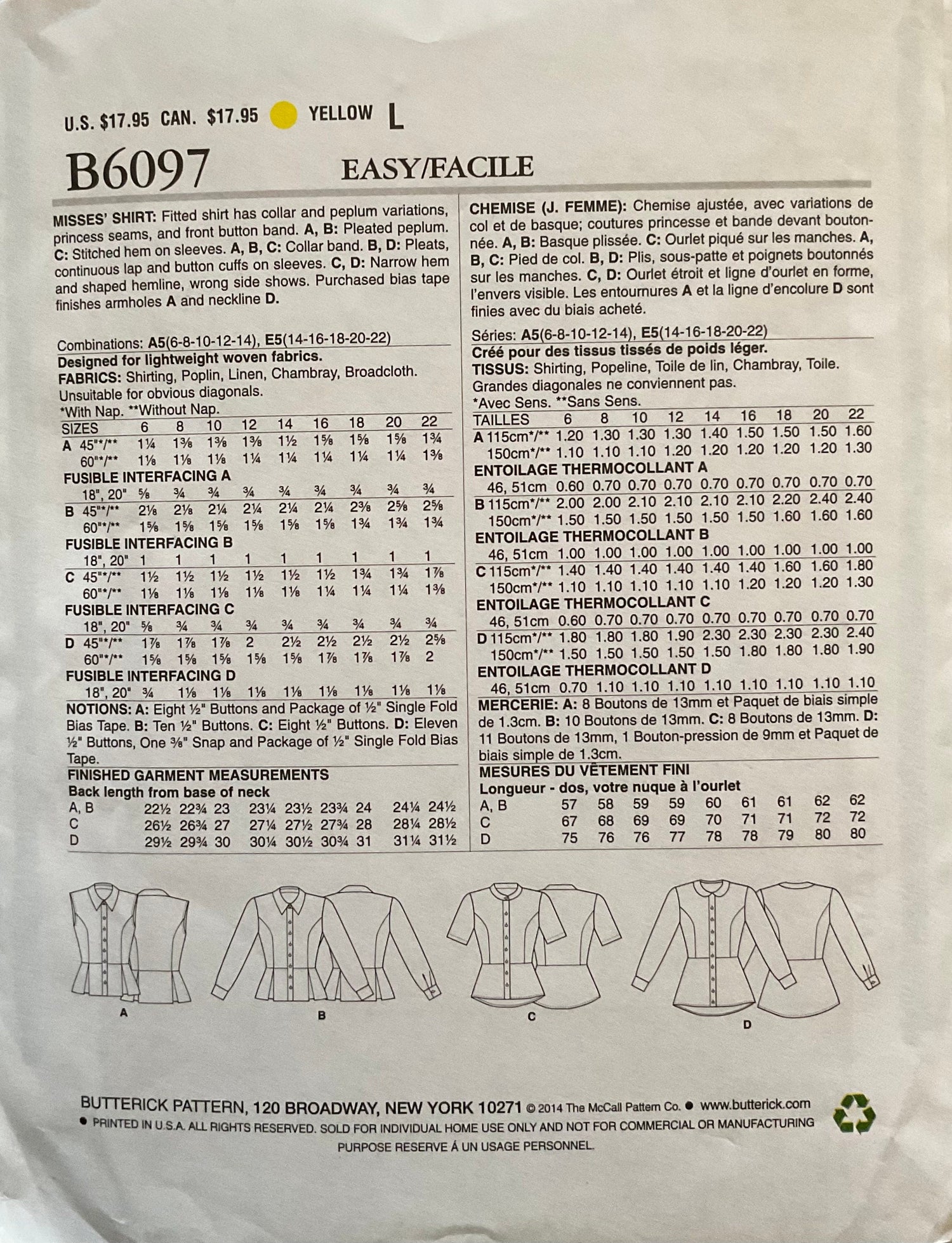 Butterick 6097 Sewing Pattern (Vintage) UNCUT
