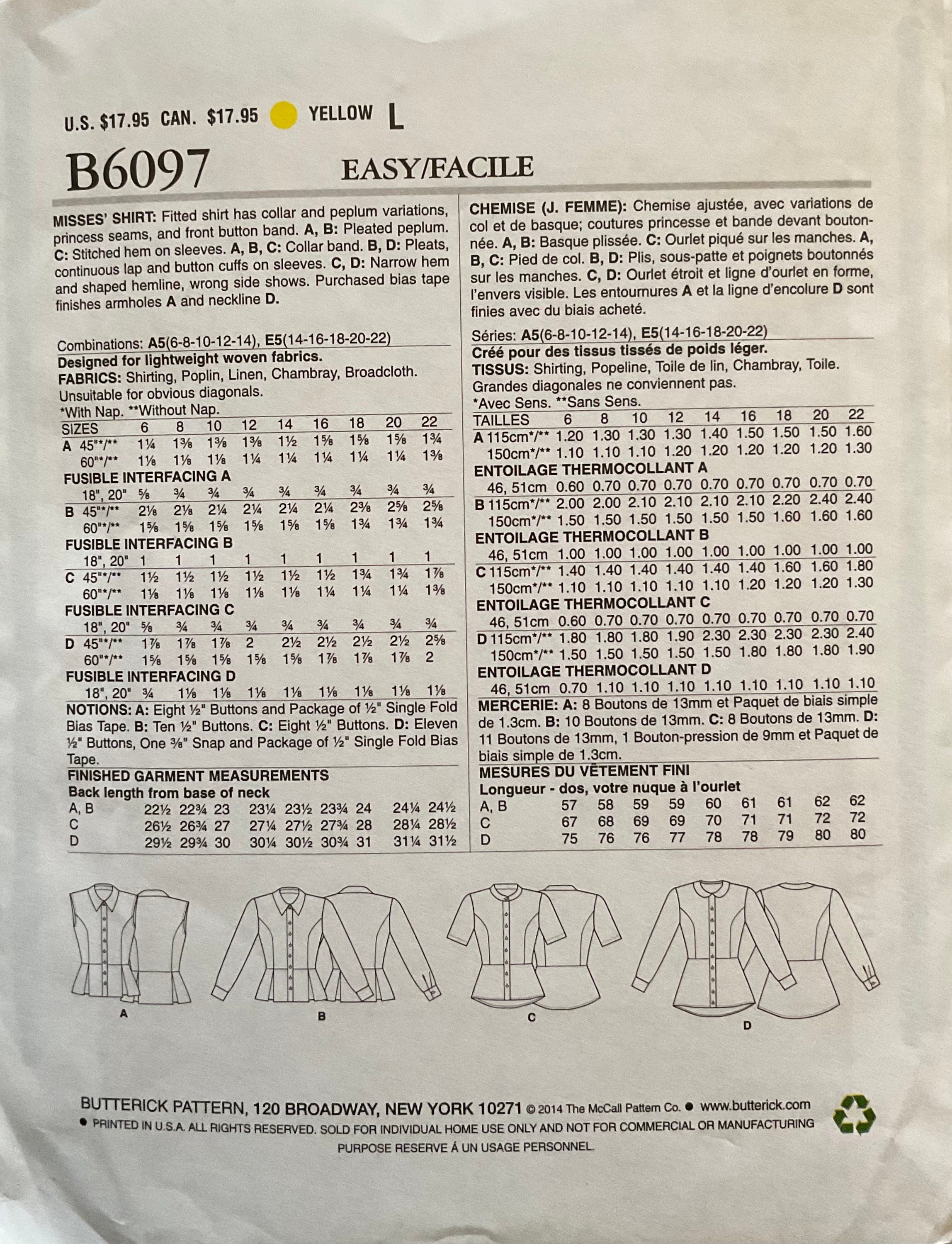Butterick 6097 Sewing Pattern (Vintage) UNCUT