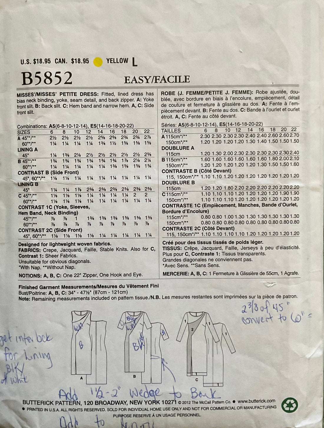 Butterick 5852 Sewing Pattern (Vintage) CUT