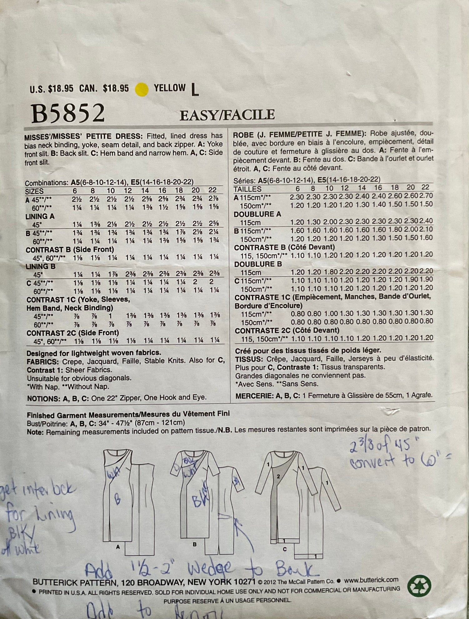 Butterick 5852 Sewing Pattern (Vintage) CUT