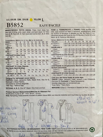 Butterick 5852 Sewing Pattern (Vintage) CUT